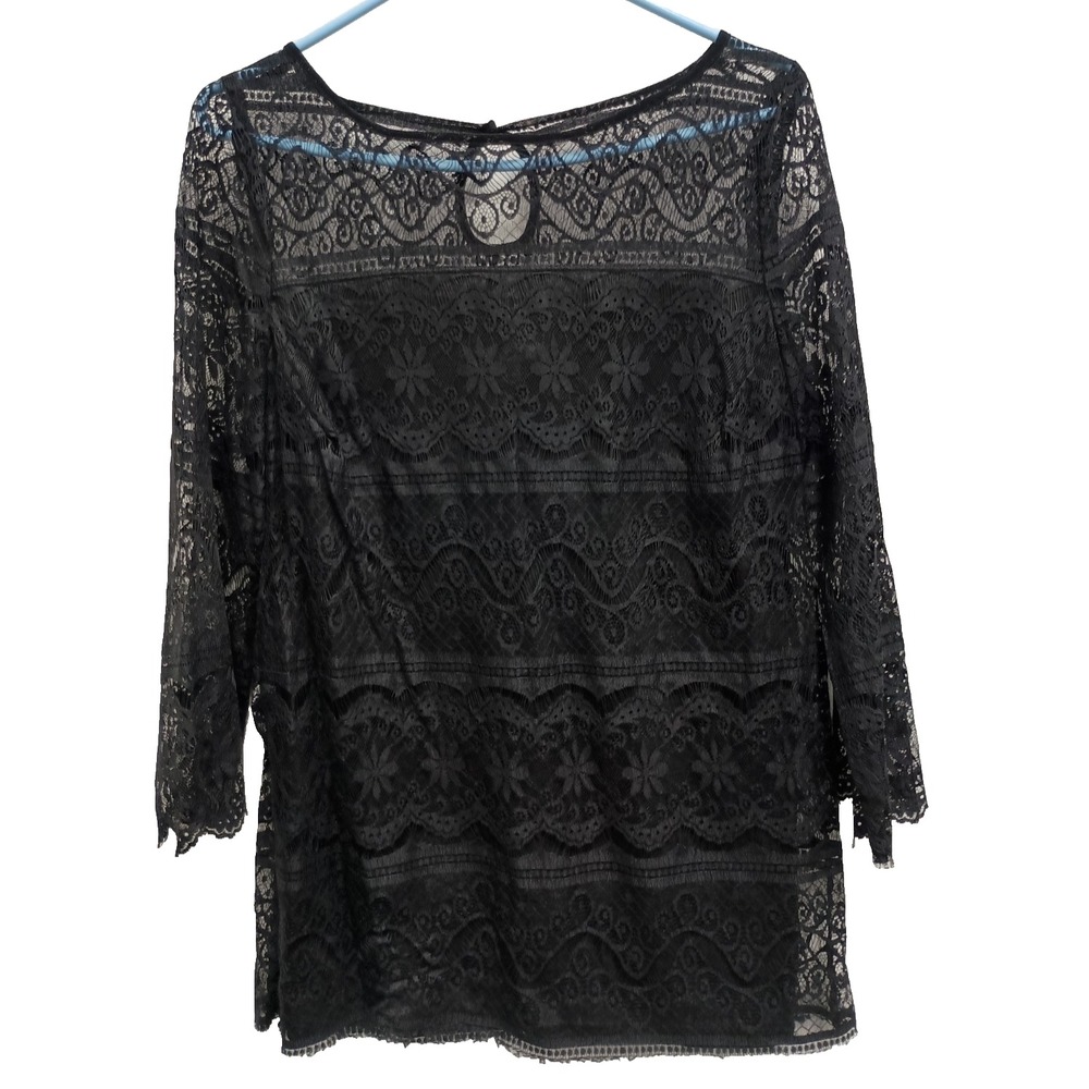 Max Studio Top Womens Size Large Black Lace Dark Fairy Romantic 3/4 Sleeve